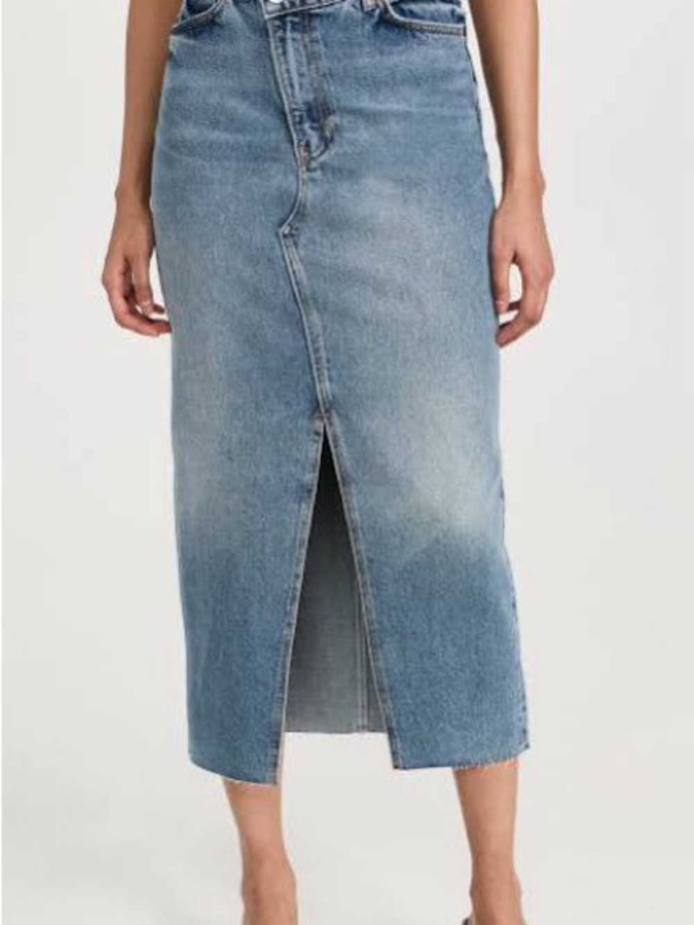 Reformation Light Blue Denim Midi Pencil Skirt with Center Front Slit